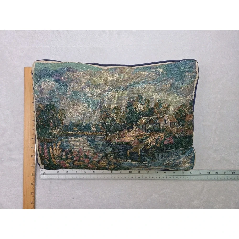 Vintage Tapestry Throw Pillow Impressionist Scene Floral Home Water Clouds 11x17
